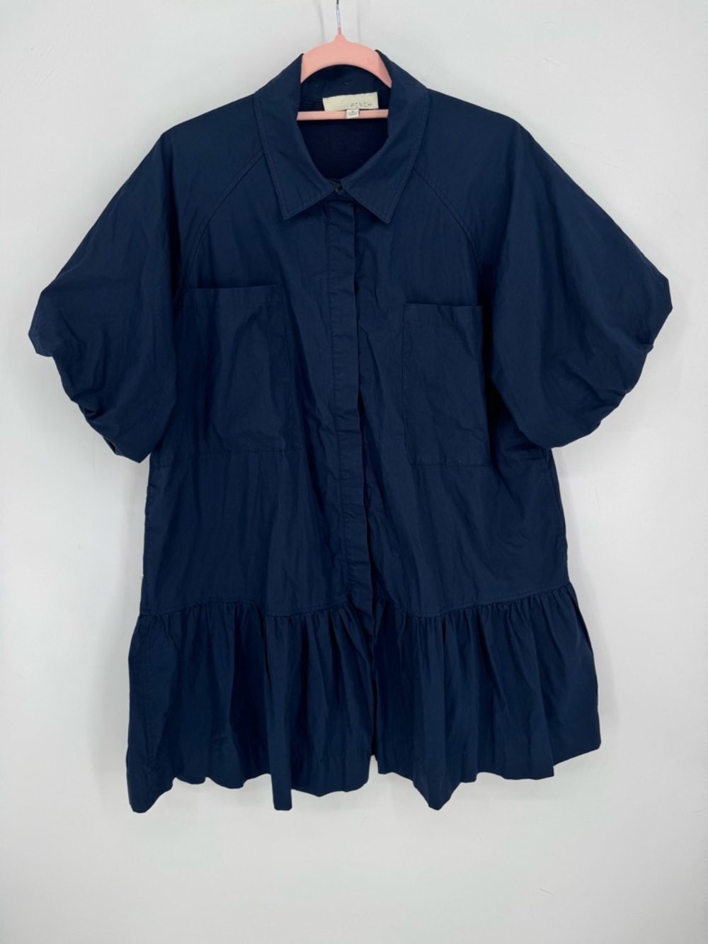 Pinch Women's Navy Button-Front Mini Dress Puff Sleeves Pockets Size Large